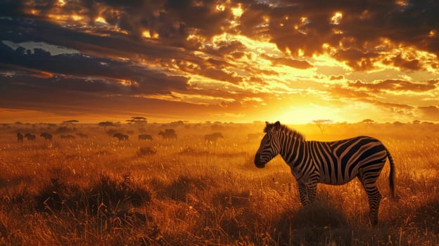 Zebra in the grassy nature habitat in savannah at sunset. AI Generated.
