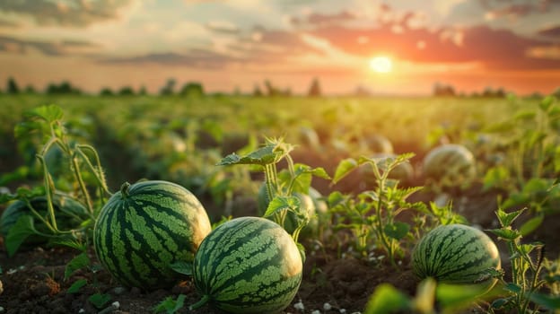 Watermelon field at golden hour sunset. Row of watermelons at fruit and berry farm. AI Generated.