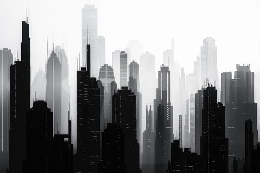 City landscape in flat black and white style. Silhouettes of skyscrapers. AI Generated.