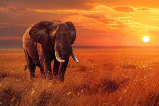 Elephant in grasslands in Africa at sunset. AI Generated.