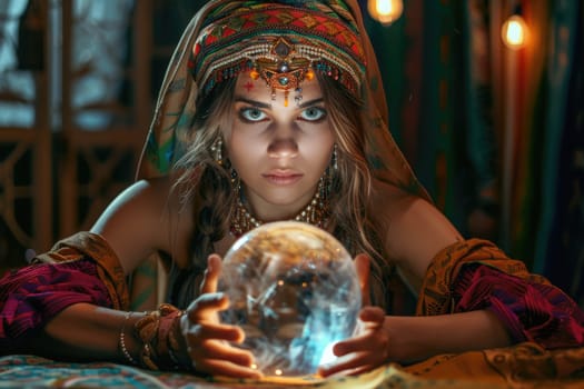 Mysterious gypsy female fortune teller guessing future at the table with magic crystal ball. AI Generated.