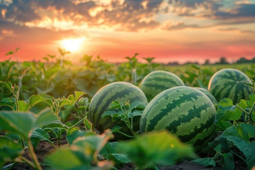 Watermelon field at golden hour sunset. Row of watermelons at fruit and berry farm. AI Generated.