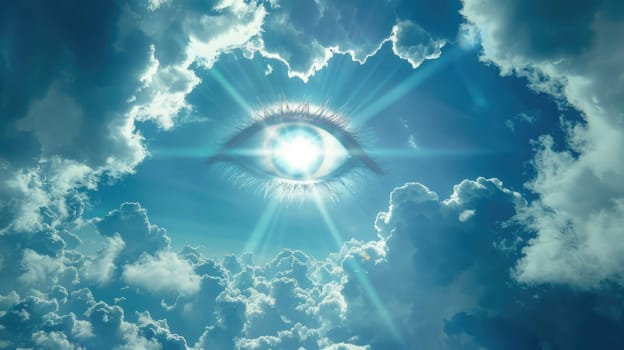 Eye of Providence in the blue sky. All-seeing God's eye. AI Generated.