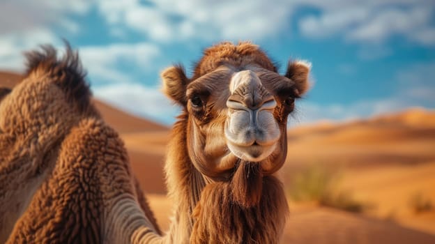 Camel in the desert portrait. AI Generated.