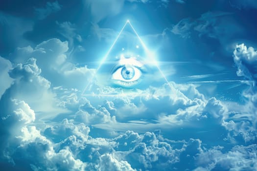 Eye of Providence in the blue sky. All-seeing God's eye. AI Generated.