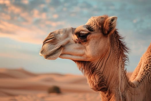 Camel in the desert portrait. AI Generated.
