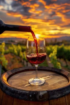 Pouring red wine into glass in the vineyard at golden hour sunset. AI Generated.