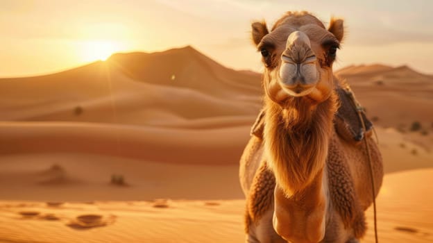 Camel portrait in the desert at golden hour sunset. AI Generated.