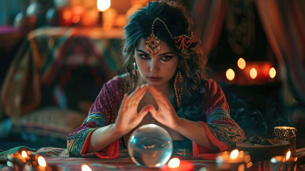 Gypsy female fortune teller guessing future using magic crystal ball. Mysterious atmosphere. AI Generated.