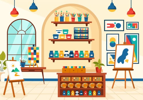 Art Store Vector Illustration with Painting Supplies Store Accessories and Tools for Drawing, Artists and Designers on Flat Cartoon Background