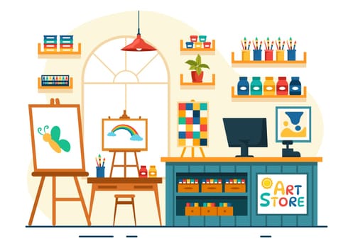 Art Store Vector Illustration with Painting Supplies Store Accessories and Tools for Drawing, Artists and Designers on Flat Cartoon Background