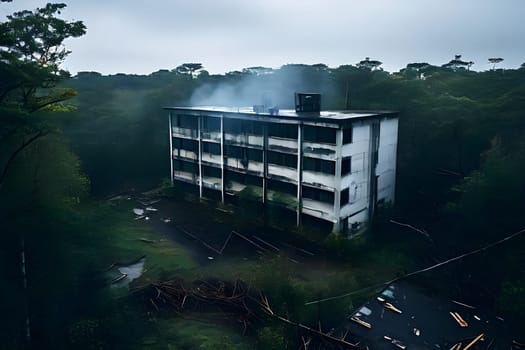 abandoned hospital exterior in aerial view