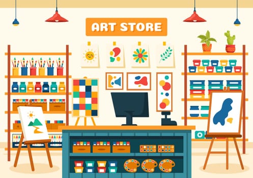 Art Store Vector Illustration with Painting Supplies Store Accessories and Tools for Drawing, Artists and Designers on Flat Cartoon Background