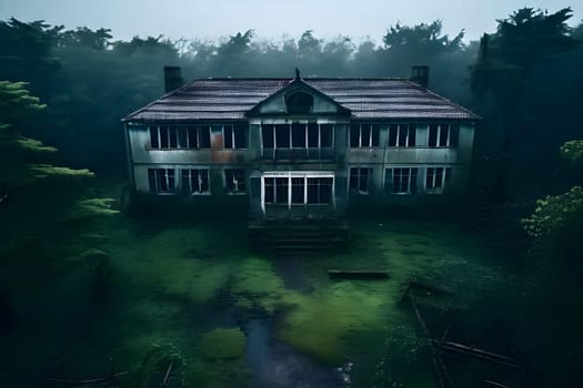 abandoned hospital exterior in aerial view