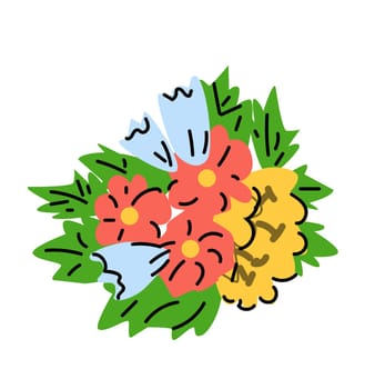 Cute summer bouquet - flowers with leaves. Vector illustration can used for greeting card, banner. Brazil exotic flowers.