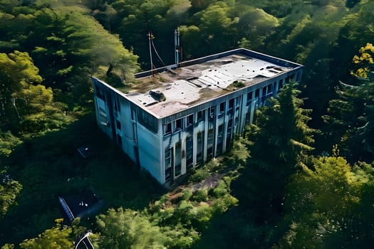abandoned hospital exterior in aerial view