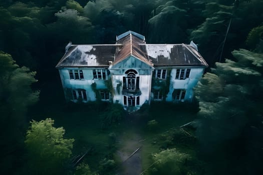 abandoned hospital exterior in aerial view