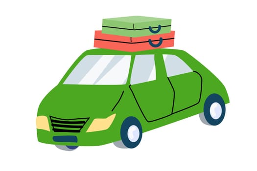 Summer travel green car with luggage on top - illustration isolated. Vector illustration can used for summer vacation banner, sale label, greeting card, poster.