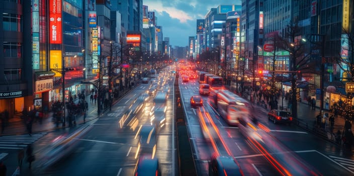Long exposure of a city's evening rush, with streams of headlights and tail lights weaving through skyscrapers