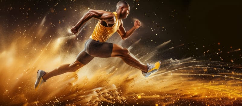 Male runner exploding from start line with fierce determination under golden lights