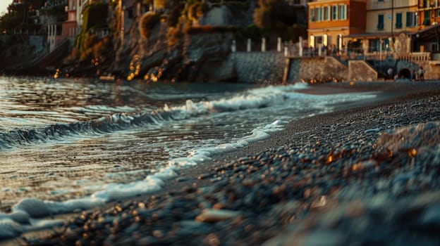 Immerse yourself in the serene beauty of Bogliasco's fishing town beach captured in this captivating photograph. Shot at eye level, the deep focus highlights the tranquil coastal serenity and cinematic allure of the seaside.