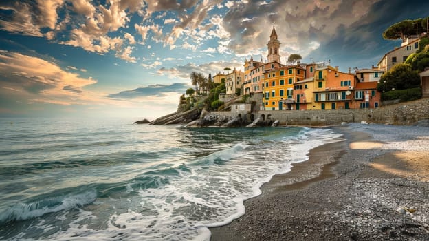 Immerse yourself in the serene beauty of Bogliasco's fishing town beach captured in this captivating photograph. Shot at eye level, the deep focus highlights the tranquil coastal serenity and cinematic allure of the seaside.