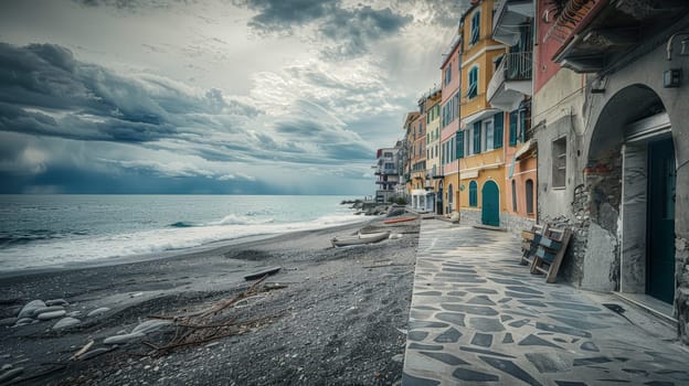 Immerse yourself in the serene beauty of Bogliasco's fishing town beach captured in this captivating photograph. Shot at eye level, the deep focus highlights the tranquil coastal serenity and cinematic allure of the seaside.