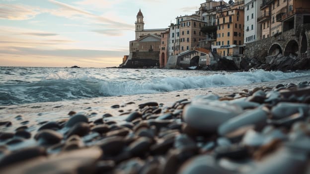 Immerse yourself in the serene beauty of Bogliasco's fishing town beach captured in this captivating photograph. Shot at eye level, the deep focus highlights the tranquil coastal serenity and cinematic allure of the seaside.