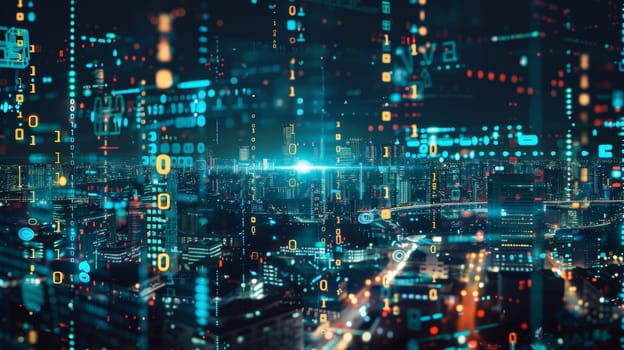 A mesmerizing double exposure combines the intricate web of binary code and data streams with the bustling landscapes of futuristic cityscapes and urban environments. Set against a dark background, this dynamic composition evokes a visionary perspective and is captured in high quality.