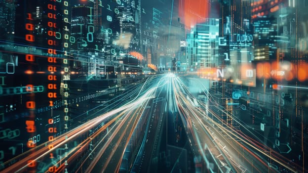 A mesmerizing double exposure combines the intricate web of binary code and data streams with the bustling landscapes of futuristic cityscapes and urban environments. Set against a dark background, this dynamic composition evokes a visionary perspective and is captured in high quality.