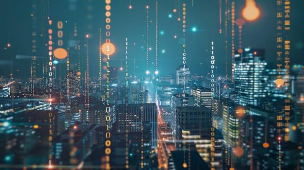 A mesmerizing double exposure combines the intricate web of binary code and data streams with the bustling landscapes of futuristic cityscapes and urban environments. Set against a dark background, this dynamic composition evokes a visionary perspective and is captured in high quality.