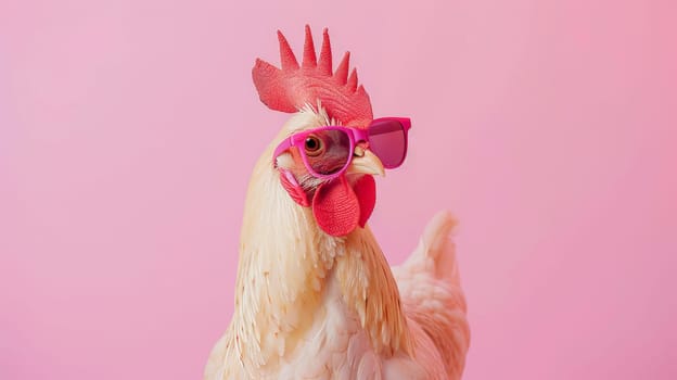 Experience the whimsical world of poultry fashion with this creative animal concept featuring a chicken hen sporting stylish sunglasses. Against a solid pastel background, this image blends humor with surrealism, offering a unique and eye-catching visual for commercial and editorial advertisements. Let this sassy hen add a touch of fun to your marketing campaigns!