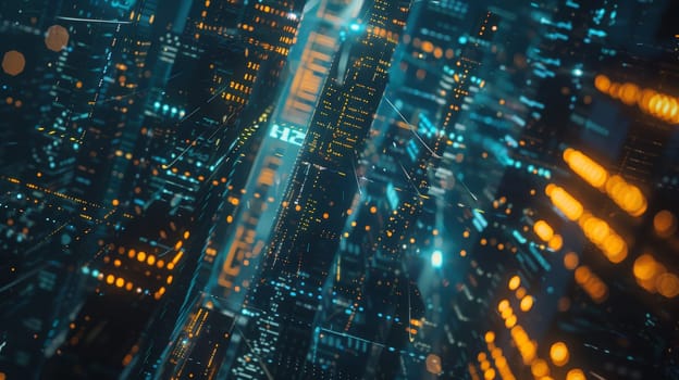 A mesmerizing double exposure combines the intricate web of binary code and data streams with the bustling landscapes of futuristic cityscapes and urban environments. Set against a dark background, this dynamic composition evokes a visionary perspective and is captured in high quality.