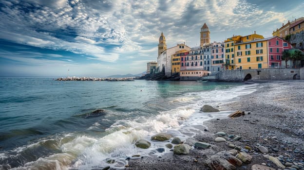 Immerse yourself in the serene beauty of Bogliasco's fishing town beach captured in this captivating photograph. Shot at eye level, the deep focus highlights the tranquil coastal serenity and cinematic allure of the seaside.