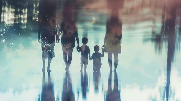 This evocative image captures the intricate dynamics of a family, showcasing a child surrounded by both biological and adoptive parents, their relationships beautifully depicted in a blurred composition.