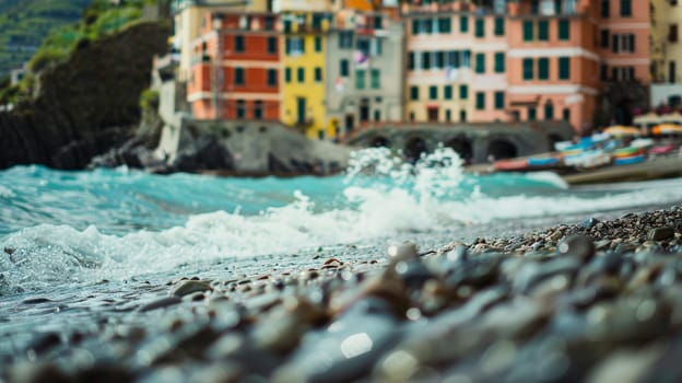 Immerse yourself in the serene beauty of Bogliasco's fishing town beach captured in this captivating photograph. Shot at eye level, the deep focus highlights the tranquil coastal serenity and cinematic allure of the seaside.