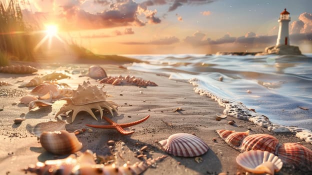 Immerse yourself in the serene beauty of a sandy beach at dusk, where the sun gently sets on the horizon, casting warm hues across the tranquil waters. In the distance, a majestic lighthouse stands tall against the fading light, guiding ships safely to shore. Along the shoreline, delicate seashells glisten in the golden hour glow, while a small tidepool teems with life, hosting curious crabs and vibrant starfish.