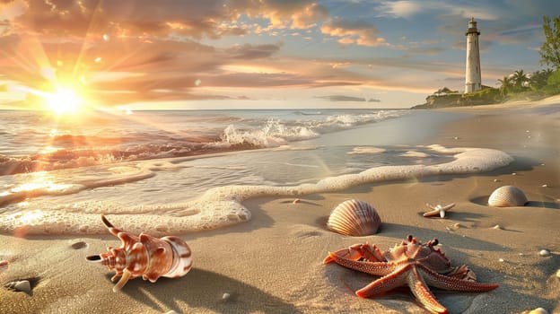 Immerse yourself in the serene beauty of a sandy beach at dusk, where the sun gently sets on the horizon, casting warm hues across the tranquil waters. In the distance, a majestic lighthouse stands tall against the fading light, guiding ships safely to shore. Along the shoreline, delicate seashells glisten in the golden hour glow, while a small tidepool teems with life, hosting curious crabs and vibrant starfish.