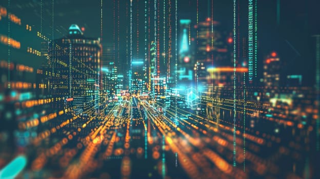 A mesmerizing double exposure combines the intricate web of binary code and data streams with the bustling landscapes of futuristic cityscapes and urban environments. Set against a dark background, this dynamic composition evokes a visionary perspective and is captured in high quality.