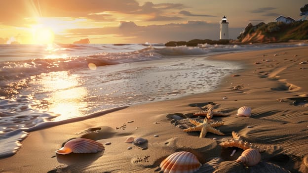 Immerse yourself in the serene beauty of a sandy beach at dusk, where the sun gently sets on the horizon, casting warm hues across the tranquil waters. In the distance, a majestic lighthouse stands tall against the fading light, guiding ships safely to shore. Along the shoreline, delicate seashells glisten in the golden hour glow, while a small tidepool teems with life, hosting curious crabs and vibrant starfish.