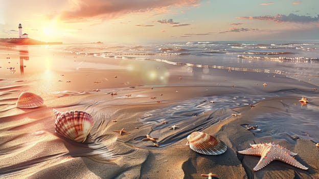 Immerse yourself in the serene beauty of a sandy beach at dusk, where the sun gently sets on the horizon, casting warm hues across the tranquil waters. In the distance, a majestic lighthouse stands tall against the fading light, guiding ships safely to shore. Along the shoreline, delicate seashells glisten in the golden hour glow, while a small tidepool teems with life, hosting curious crabs and vibrant starfish.