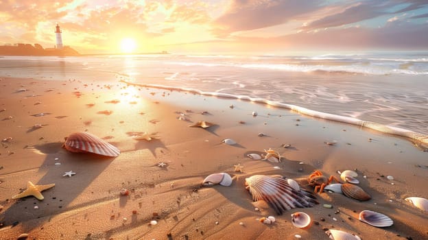 Immerse yourself in the serene beauty of a sandy beach at dusk, where the sun gently sets on the horizon, casting warm hues across the tranquil waters. In the distance, a majestic lighthouse stands tall against the fading light, guiding ships safely to shore. Along the shoreline, delicate seashells glisten in the golden hour glow, while a small tidepool teems with life, hosting curious crabs and vibrant starfish.