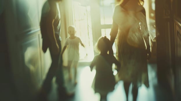 This evocative image captures the intricate dynamics of a family, showcasing a child surrounded by both biological and adoptive parents, their relationships beautifully depicted in a blurred composition.