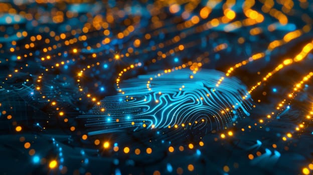In this captivating image, a blue dot surrounded by yellow lights forms a futuristic representation of a fingerprint, symbolizing the intersection of augmented reality and technology. This artistic depiction offers a glimpse into the digital realm of identity and security.
