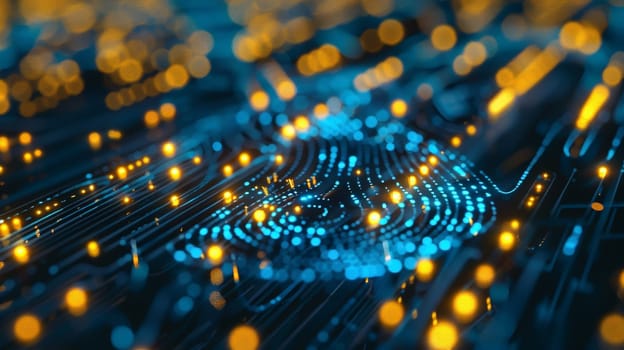 In this captivating image, a blue dot surrounded by yellow lights forms a futuristic representation of a fingerprint, symbolizing the intersection of augmented reality and technology. This artistic depiction offers a glimpse into the digital realm of identity and security.