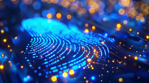 In this captivating image, a blue dot surrounded by yellow lights forms a futuristic representation of a fingerprint, symbolizing the intersection of augmented reality and technology. This artistic depiction offers a glimpse into the digital realm of identity and security.
