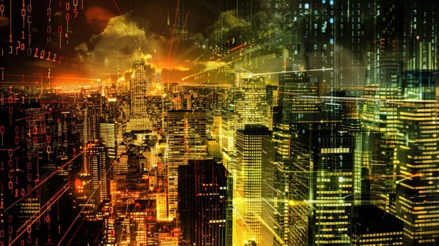 A mesmerizing double exposure combines the intricate web of binary code and data streams with the bustling landscapes of futuristic cityscapes and urban environments. Set against a dark background, this dynamic composition evokes a visionary perspective and is captured in high quality.