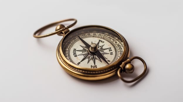 A compass against a pristine white studio background symbolizes the act of making decisions and choosing a direction. This simple yet powerful image captures the essence of decision-making and navigation.