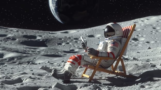 Embark on a cosmic journey with this surreal image of an astronaut unwinding in a beach chair on the lunar surface, casually holding a phone in hand. Against the backdrop of the vast moon landscape, this scene juxtaposes the familiar comfort of leisure with the otherworldly setting of space exploration. Explore the intersection of relaxation and adventure in this imaginative composition.