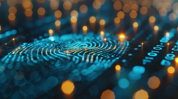 In this captivating image, a blue dot surrounded by yellow lights forms a futuristic representation of a fingerprint, symbolizing the intersection of augmented reality and technology. This artistic depiction offers a glimpse into the digital realm of identity and security.